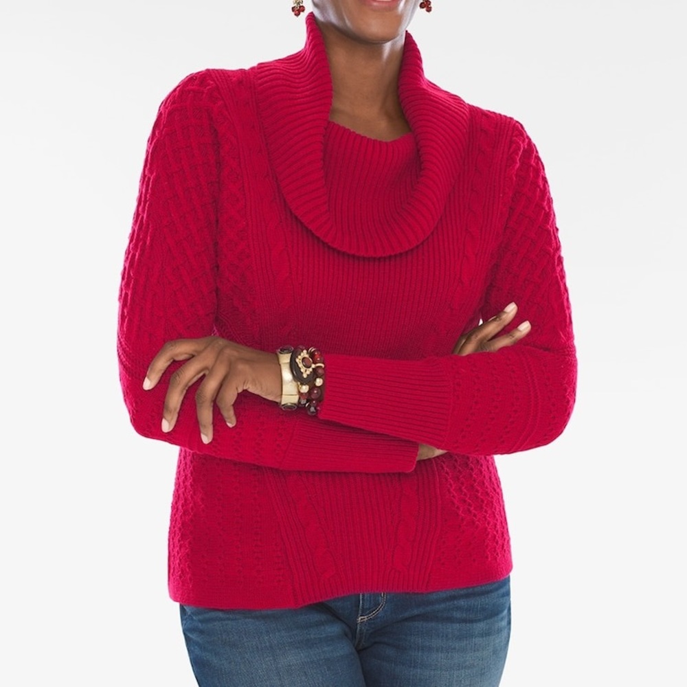 Chico’s Mixed Stitch cowl deep red sweater NWT